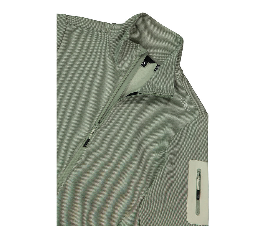 Egy világoszöld CMP kabát közeli képe cipzárral és gallérral.