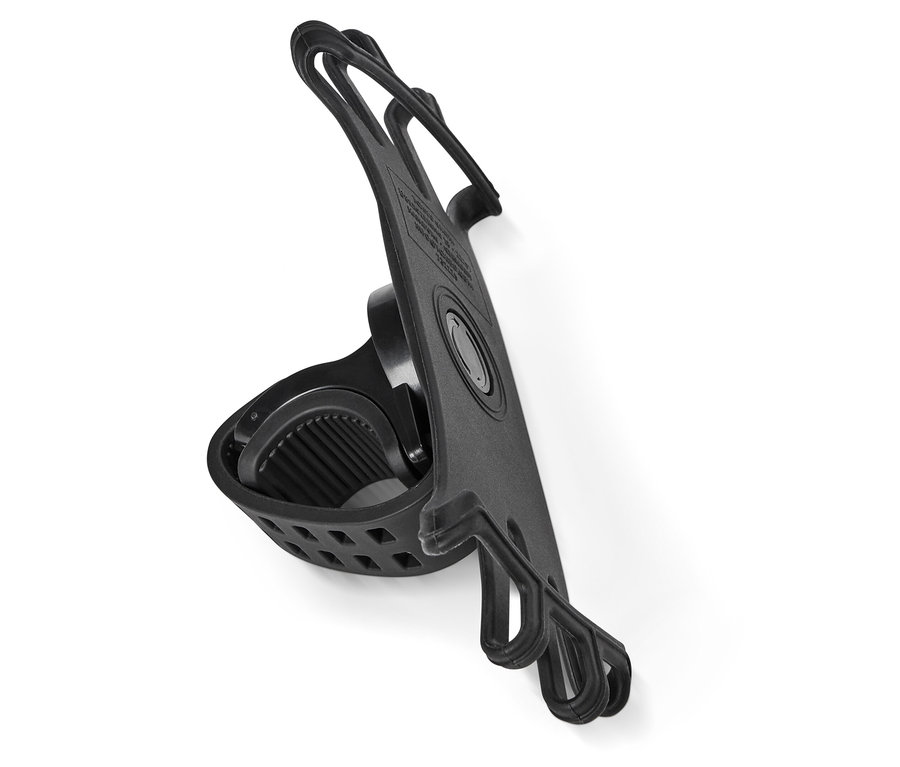 Fekete kerékpáros telefontartó gumiszalaggal rögzítve, fehér háttér előtt.