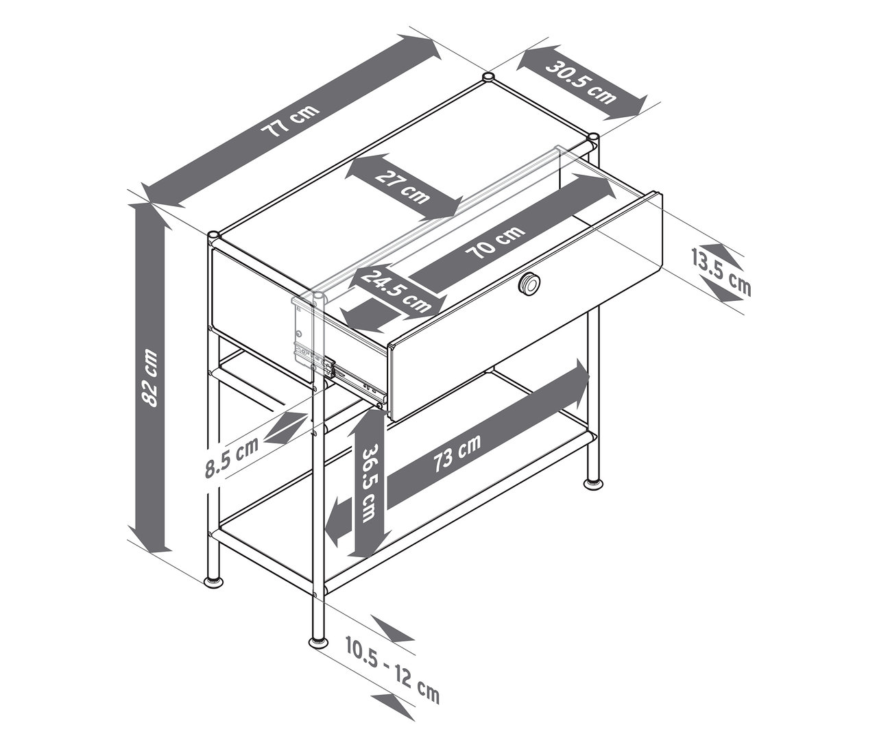 Felülnézet egy fém »CN3 Slim Line« konzolról fiókkal és méretekkel.