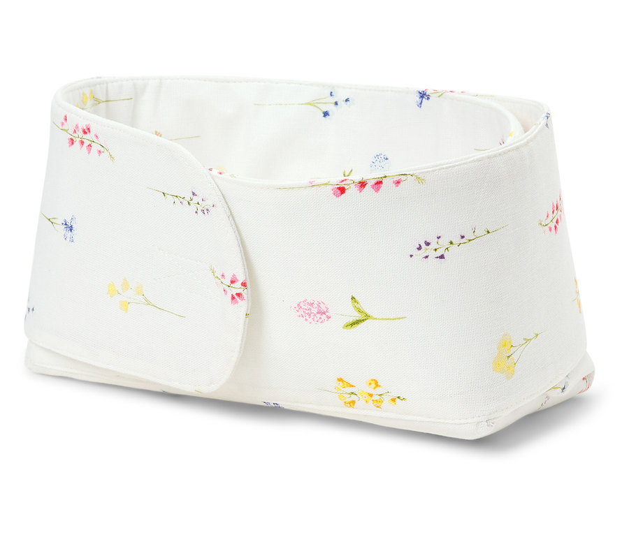 Virágmintás fehér tárolódoboz.