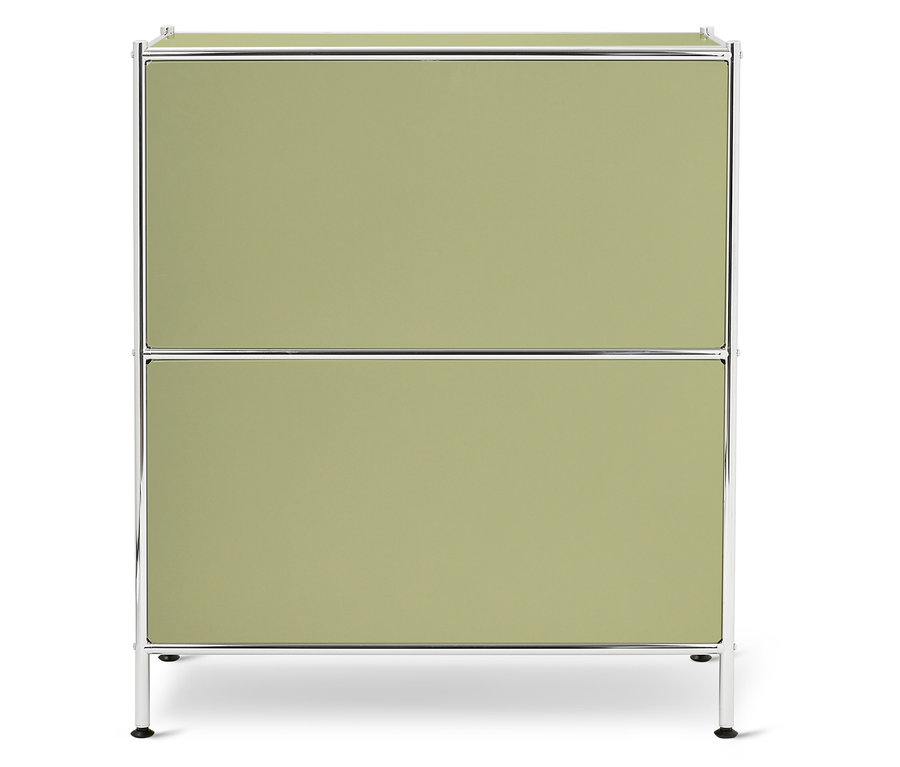 Elölnézet egy kétszintes, világoszöld szekrényről ezüst színű fémkeretekkel.