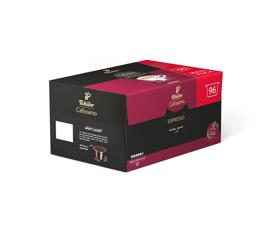Fekete és bordó Tchibo Cafissimo Espresso kávékapszula csomag 96 kapszulával, erősségjelzővel és kávéscsészével.