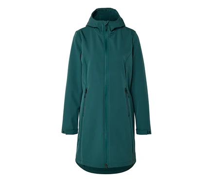 Zöld, hosszú softshell kabát kapucnival és elöl cipzárral.