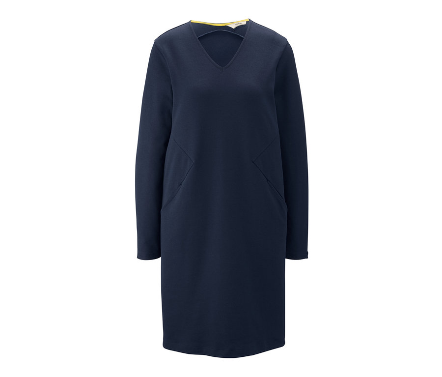 Sötétkék, hosszú ujjú, V-nyakú jerseyruha.