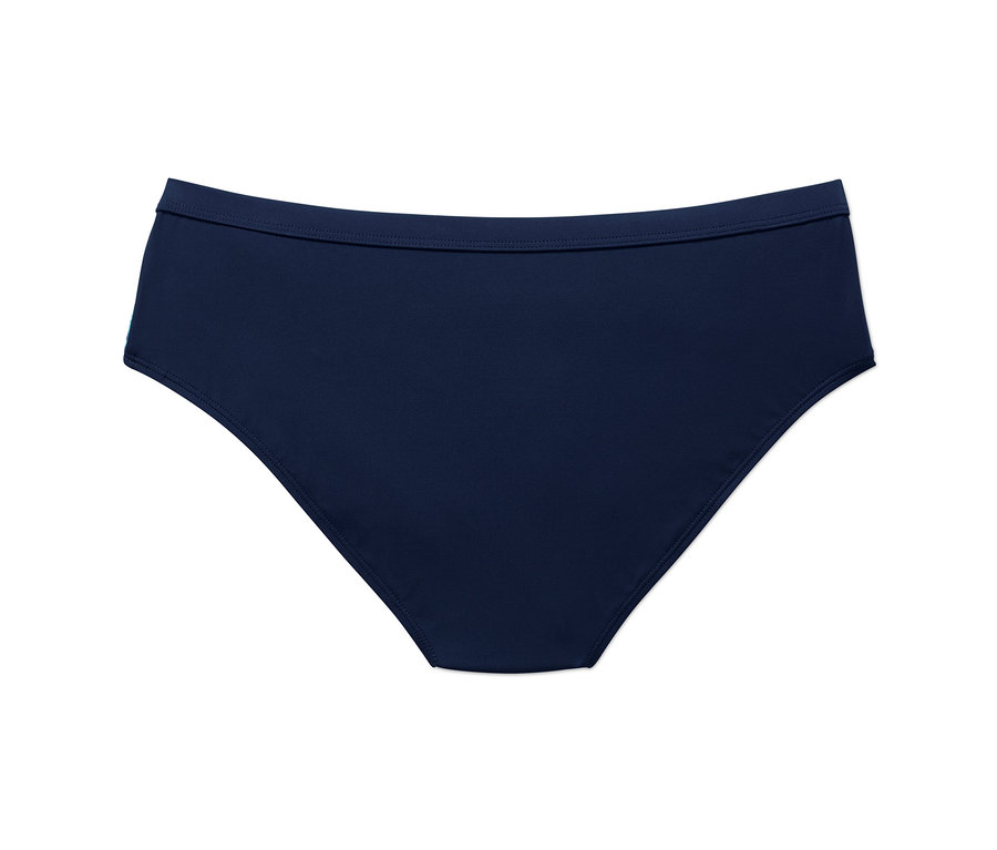 Sötétkék női sport bikinialsó fehér háttérrel.