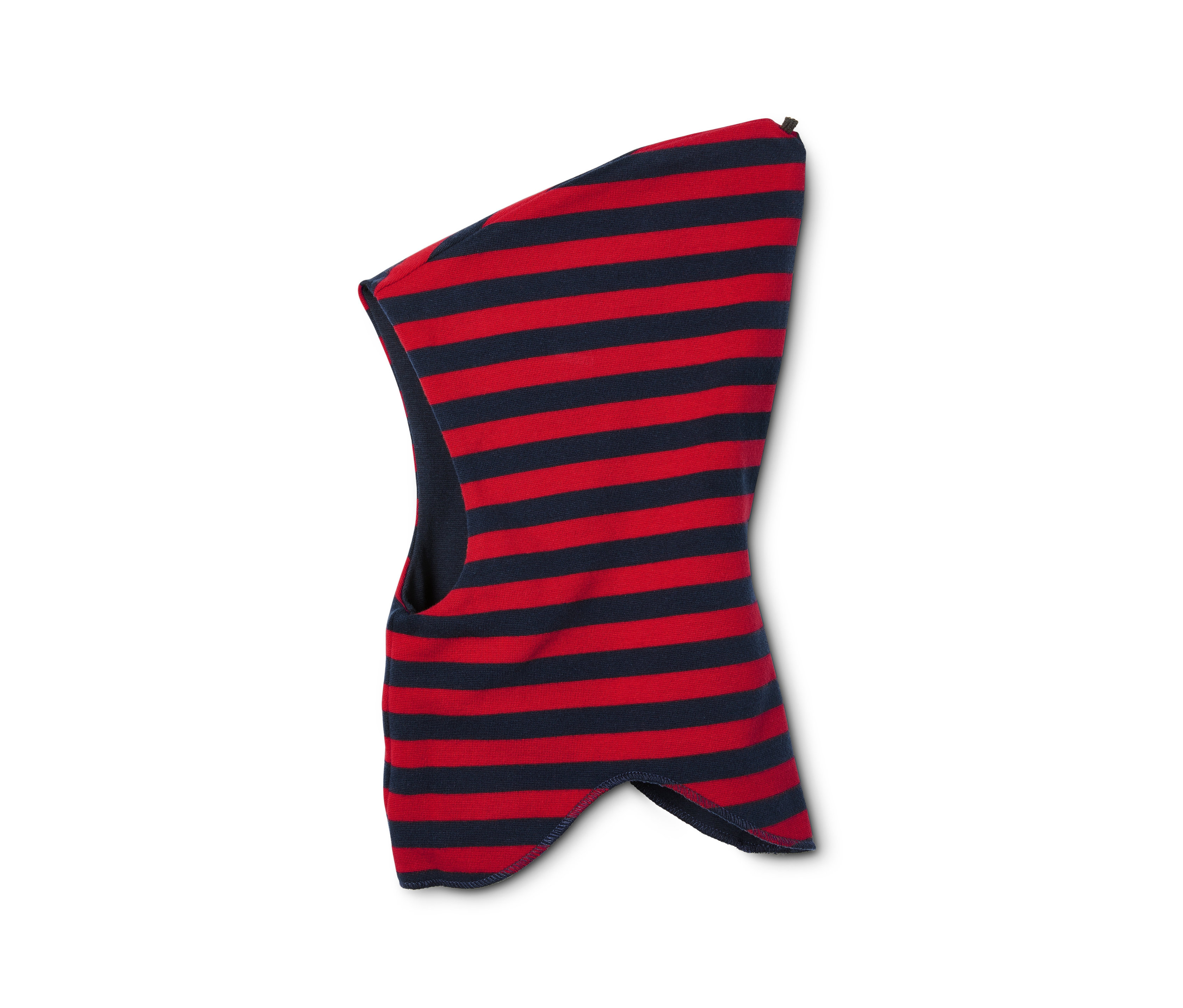 Egy piros és sötétkék csíkos, kifordítható csősapka.