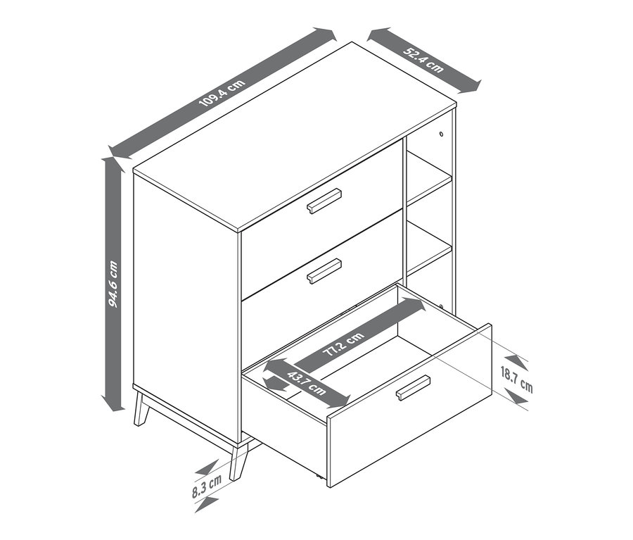 Egy pelenkázó komód rajza nyitott fiókkal és méretekkel.