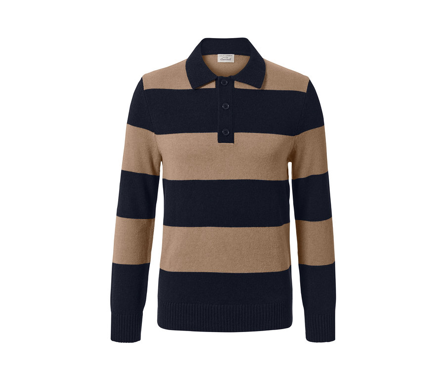 Csíkos kasmír pulóver gallérral és gombokkal.