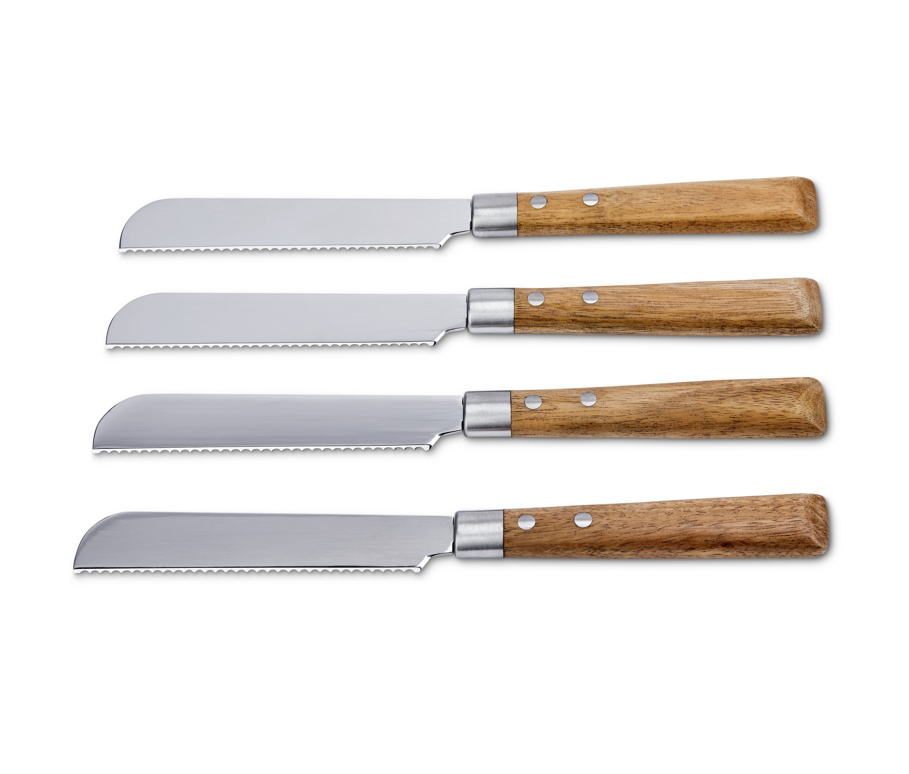 Négy fa nyelű reggelizőkés egymás mellett sorakozik.