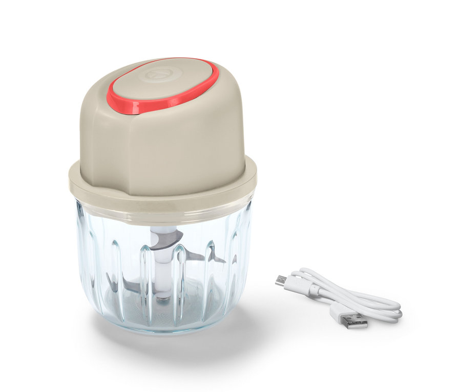 Akkus multifunkcionális aprító átlátszó tartállyal és USB töltőkábellel.