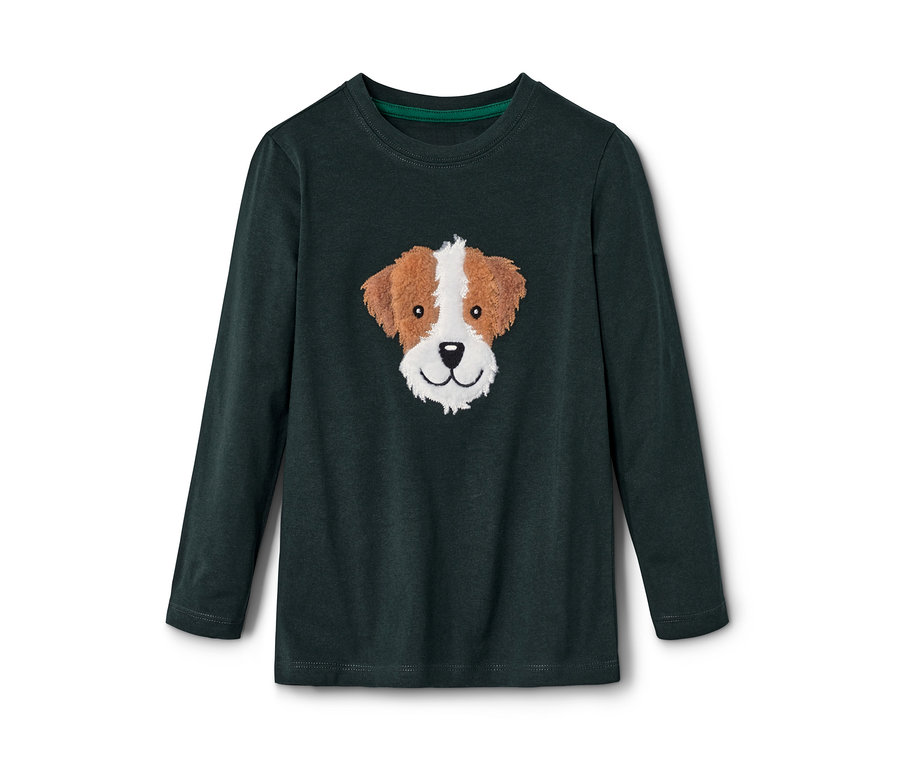 Sötétzöld, hosszú ujjú kisgyerek felső, kutyakoponya mintával.