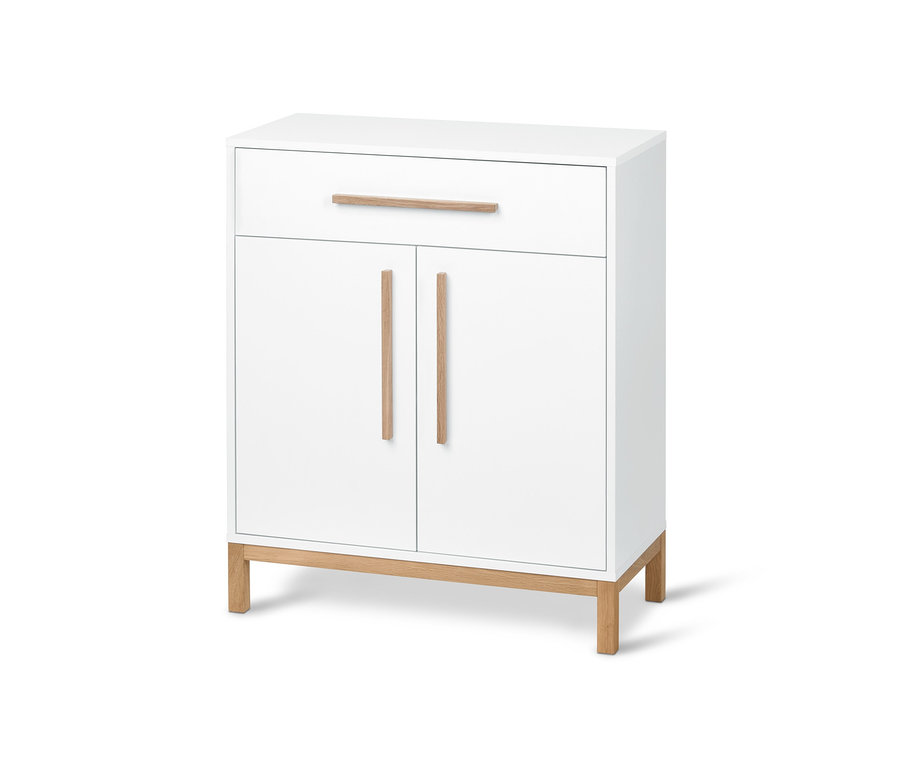 Fehér fürdőszobai komód, két ajtóval és egy fiókkal.