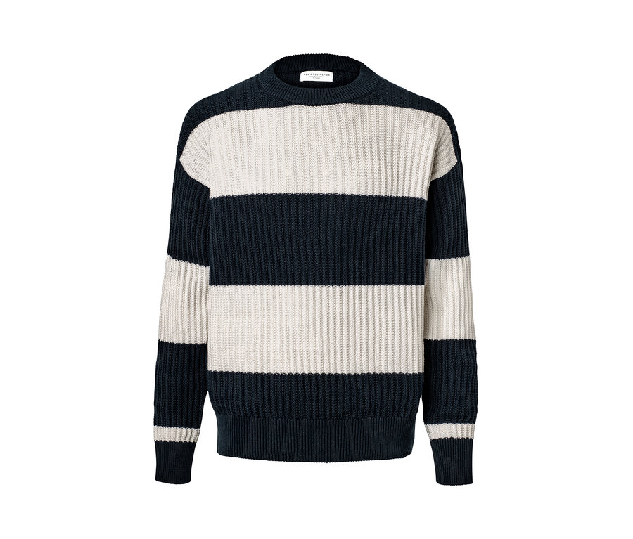 Sötétkék és fehér vízszintes csíkos, férfi laza kötésű pulóver.