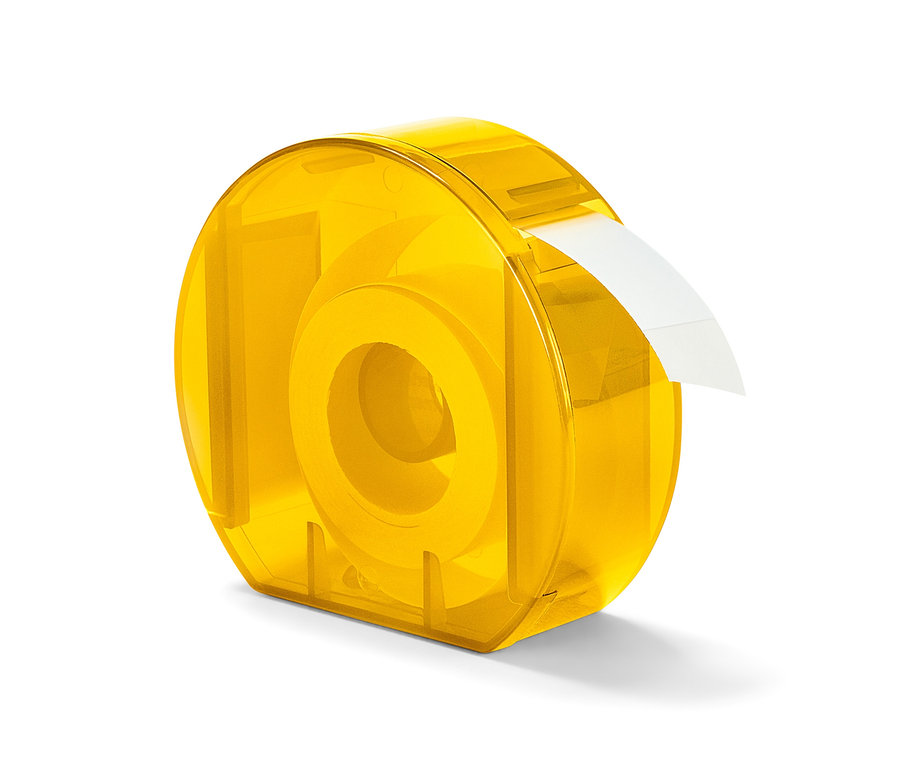 Sárga címkeadagoló fehér címkével.