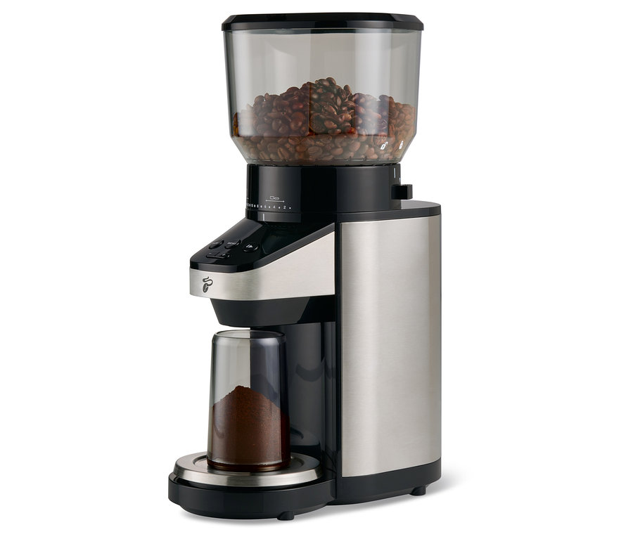 Elektromos kávédaráló mérleggel. Felül egy tartály kávébabokkal, alul egy tartály őrölt kávéval.