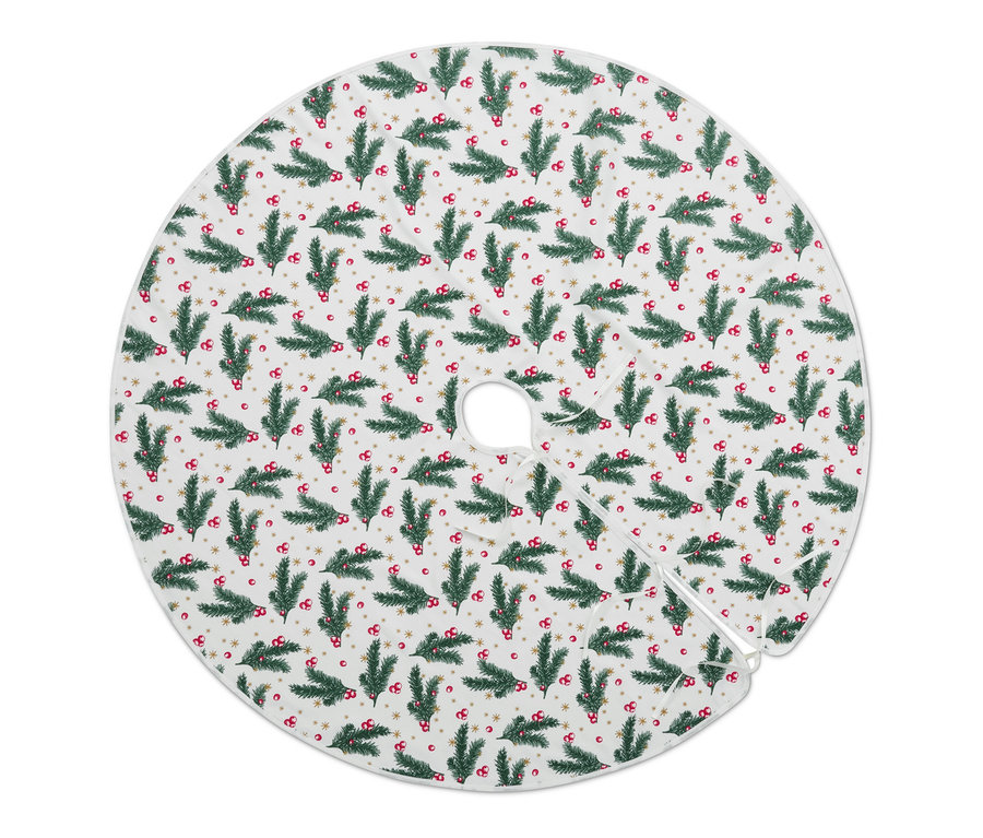 Kerek takaró fenyőfa alá, ágakkal és bogyókkal mintázva.