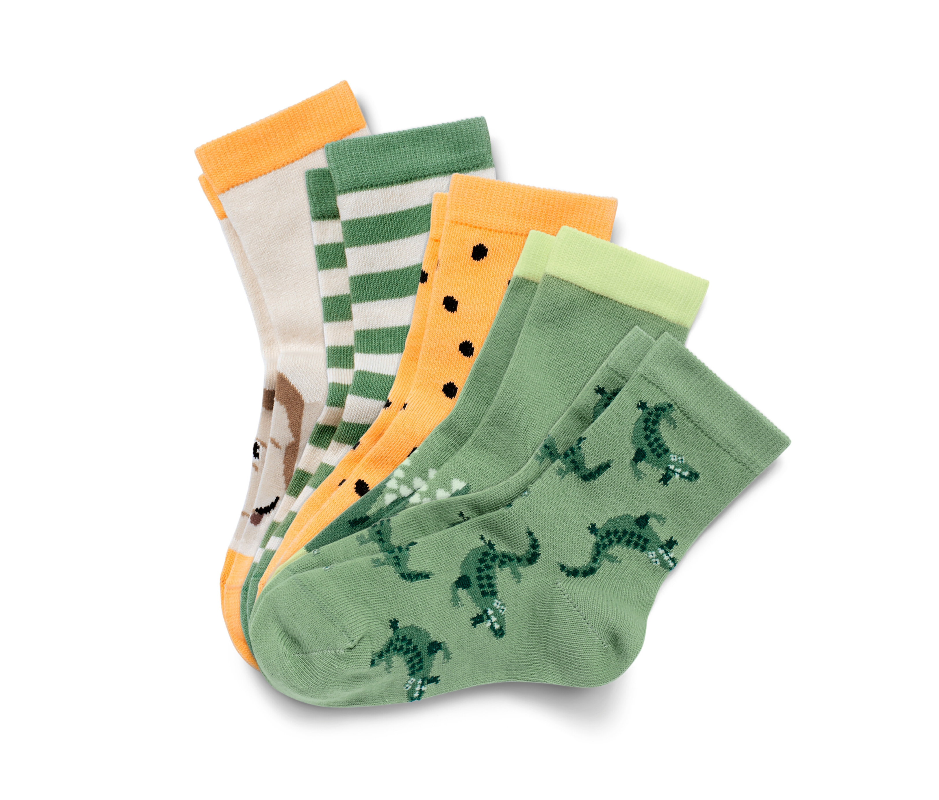 Öt pár különböző mintájú gyerekzokni.