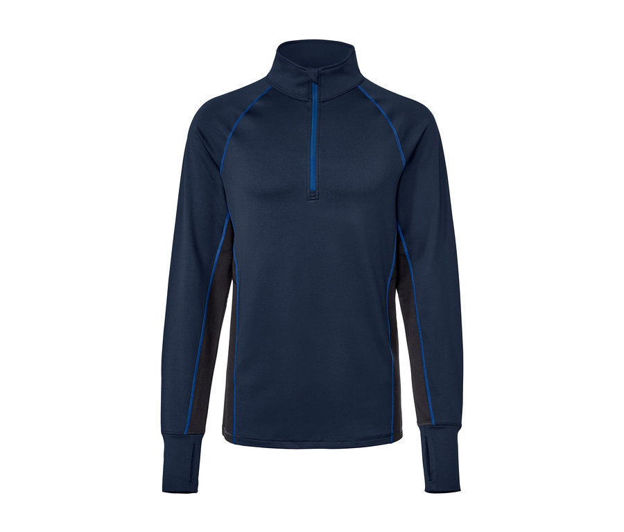 Sötétkék, hosszú ujjú funkcionális termofelső cipzárral.