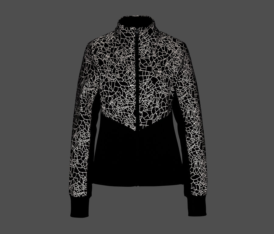 Fekete termodzseki fényvisszaverő fehér geometriai mintával.