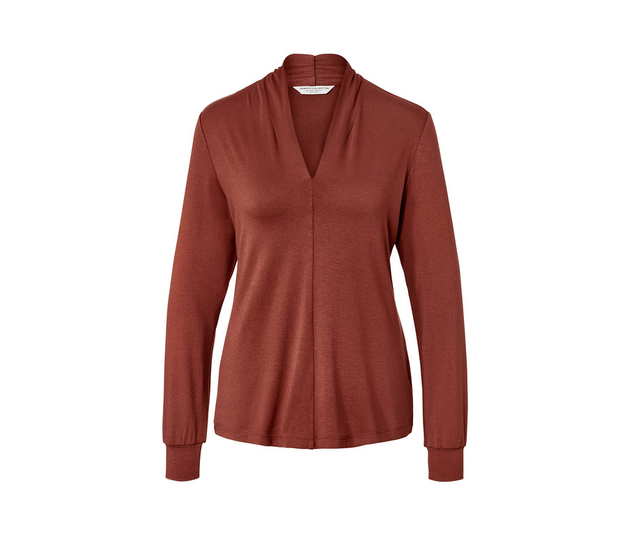 Női V-nyakú pólóblúz, rozsdabarna.