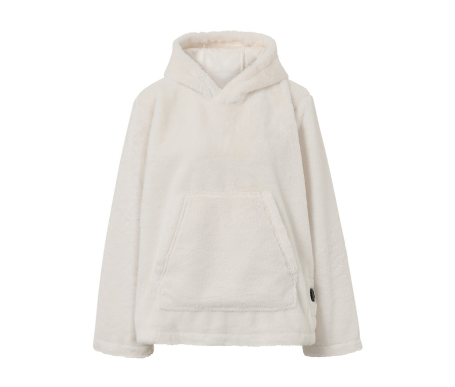 Egy fehér akkumulátoros melegítő pulóver kapucnival és kenguruzsebbel.