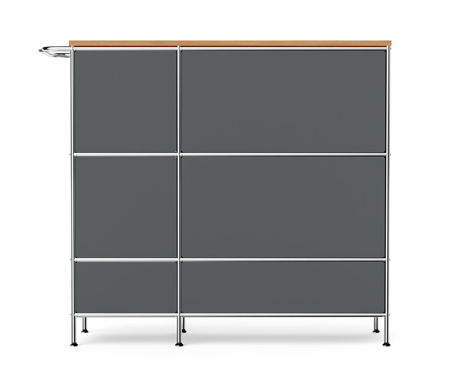 Szürke »CN3« fém komód fa felső lappal, egy lenyíló ajtóval és négy fiókkal.