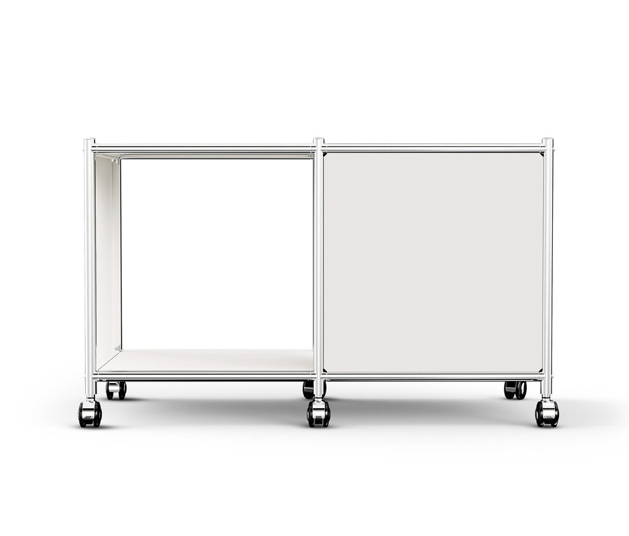 Fehér »CN3« fém kisasztal 1 lenyíló ajtóval és görgőkkel.