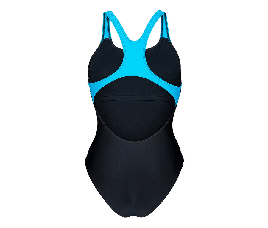 Közelkép az arena Feel márkájú, fekete-türkiz színű Lily Swim Pro Back Bustier női fürdőruha hátuljáról.
