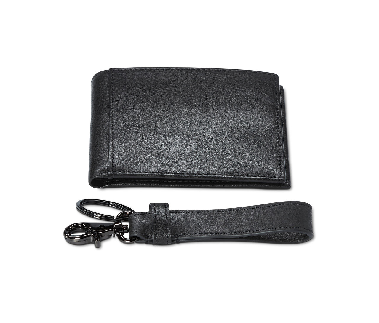 Fekete bőr pénztárca és kulcstartó a férfi bőr pénztárca és kulcstartó szettből.