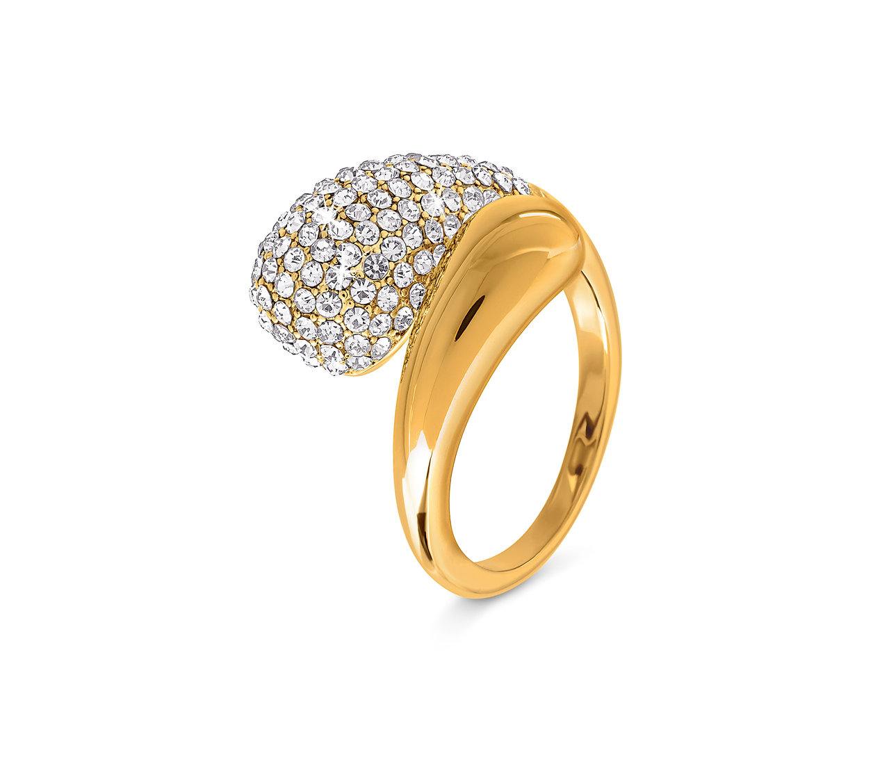 Arany gyűrű ovális díszítéssel, amelyet áttetsző kristályok borítanak.