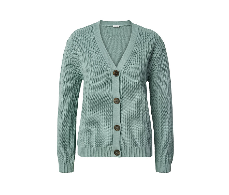 Zöld, laza kötésű kardigán gombokkal.