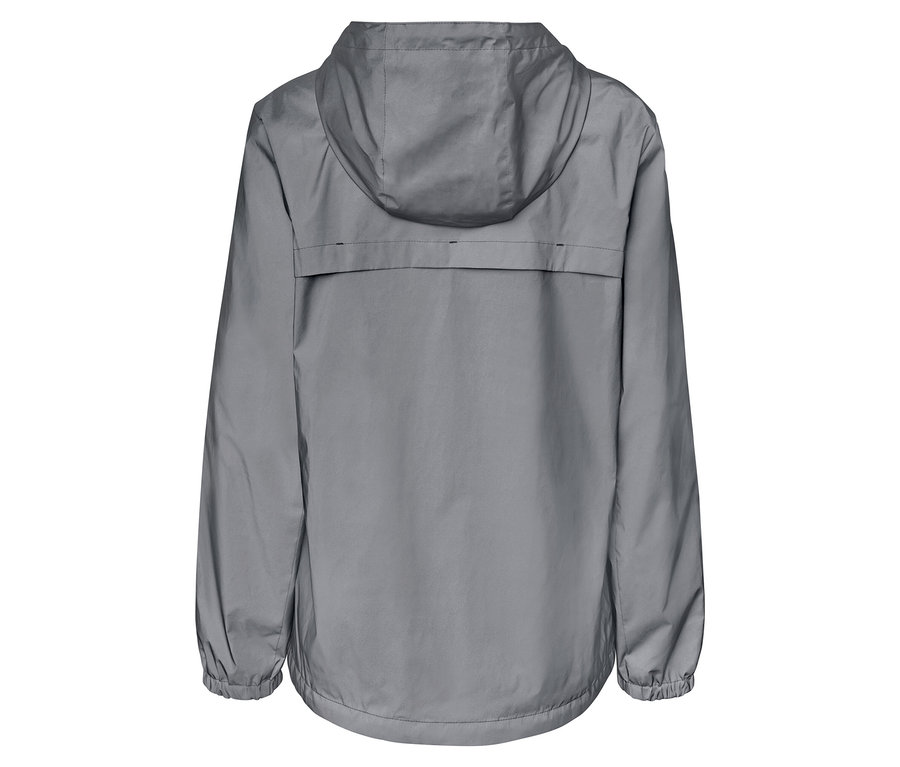 Hátulnézet egy szürke, kapucnis széldzsekiről.