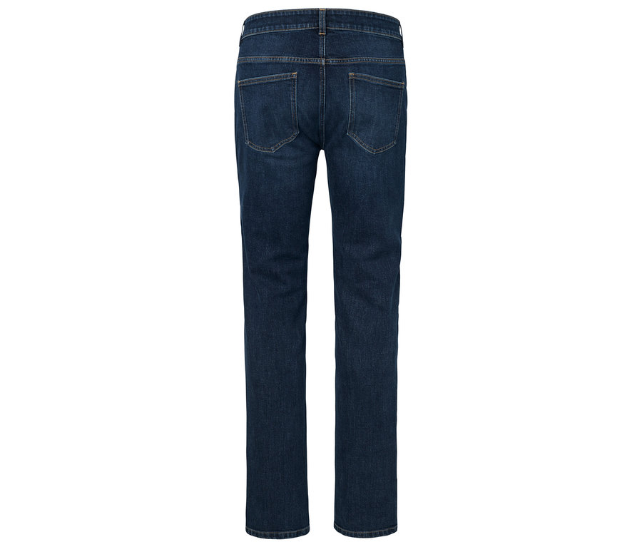 Hátulnézet egy sötétkék farmernadrágról.