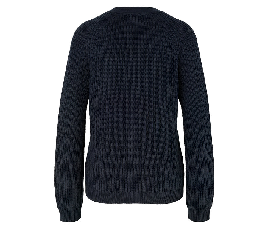 Sötétkék kötött pulóver hosszú ujjakkal, hátulnézet.