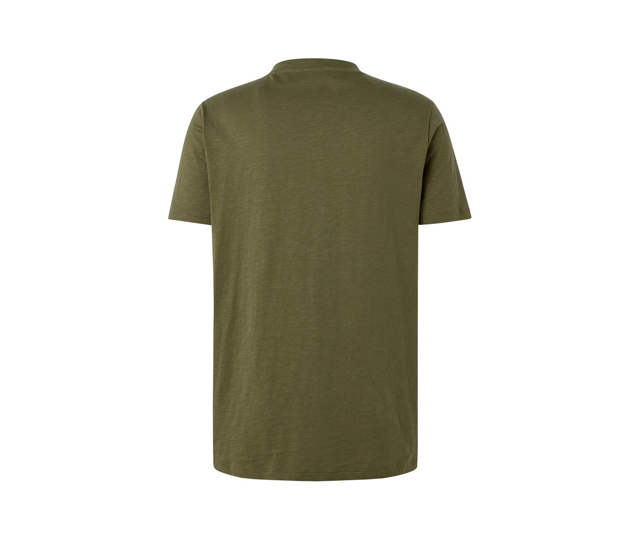 Khaki, rövid ujjú henley hátulnézetből.