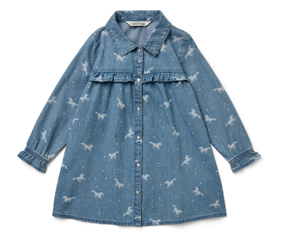 Kék farmer ruha ló mintával, hosszú ujjakkal és fodrokkal.