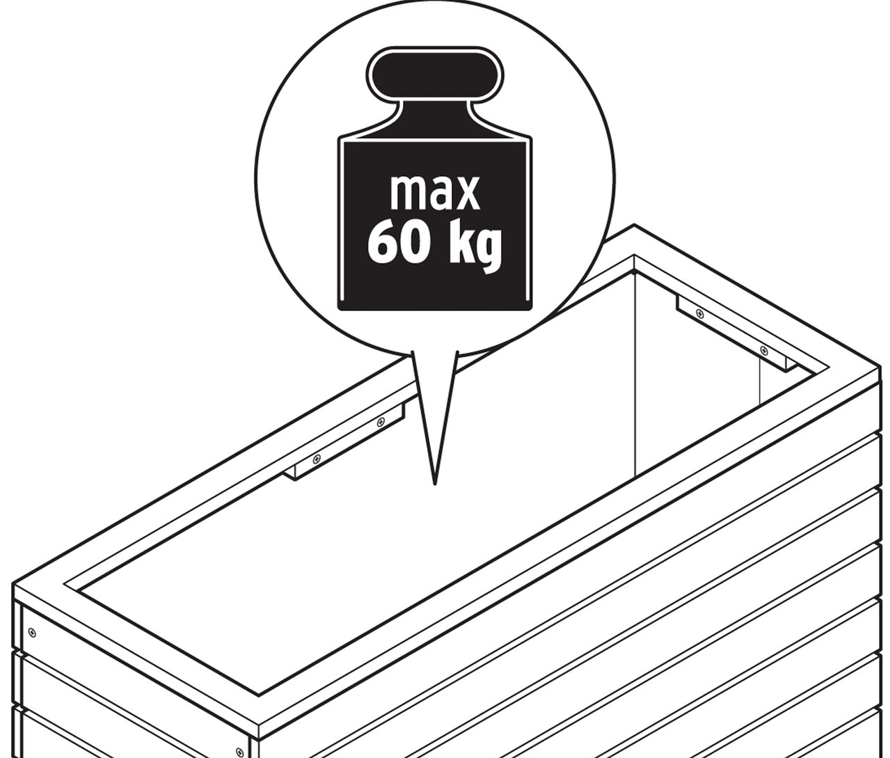 Egy téglalap alakú magaságyás rajza, maximális terhelhetősége 60 kg.