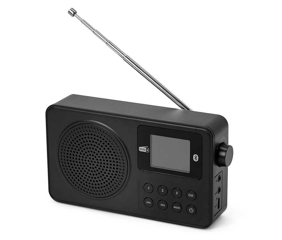 Fekete DAB+/ FM-rádió antennával.