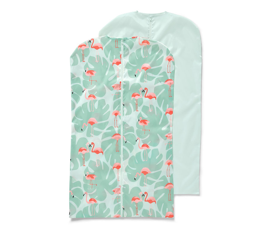 Két ruhavédő huzat. Az egyik világoszöld, flamingó- és levélmintás, a másik világoszöld.