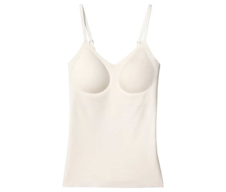 Elefántcsont színű trikó beépített melltartóval és spagettipántokkal.