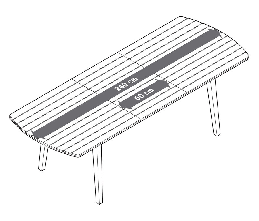 Felülnézet egy kihúzható kerti asztalról lekerekített előlapokkal, kb. 180-240 cm.