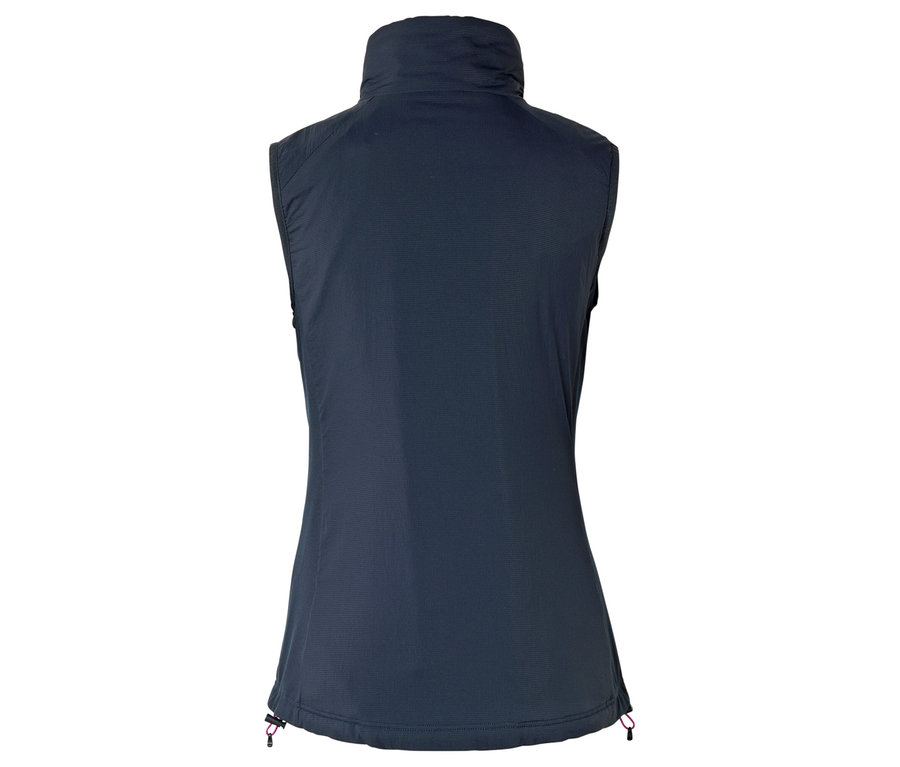 Hátulnézet egy sötétkék, állógalléros mellényről.