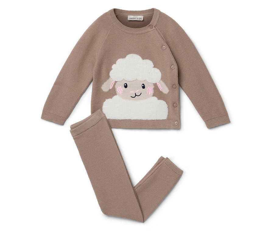 Bézs kötött kardigán és leggings bárány motívummal.