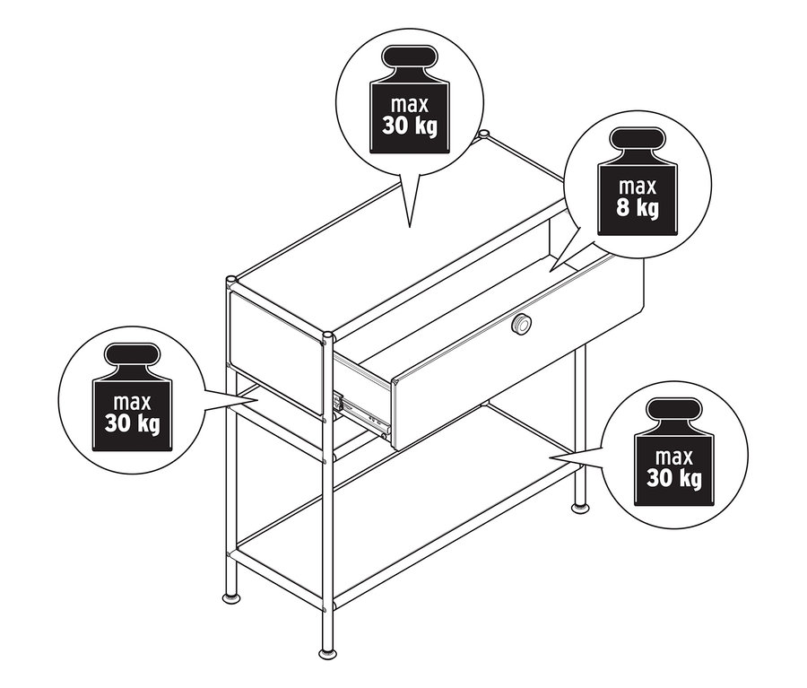Felülnézet egy fém »CN3 Slim Line« konzolasztalról fiókkal. A konzolasztalnak van egy nyitott fiókja és egy polca. A konzolasztalon és a fiókon súlyok vannak ábrázolva.