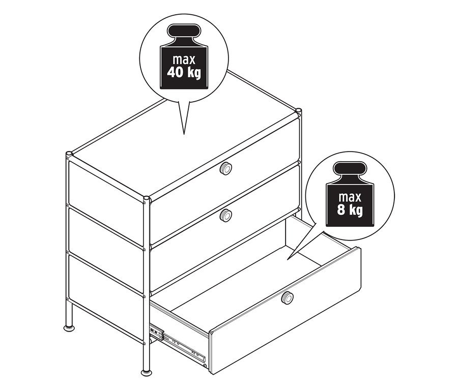 Fém »CN3« komód három fiókkal, egy fiók nyitva, a komód maximális terhelése 40 kg, a fiók maximális terhelése 8 kg.