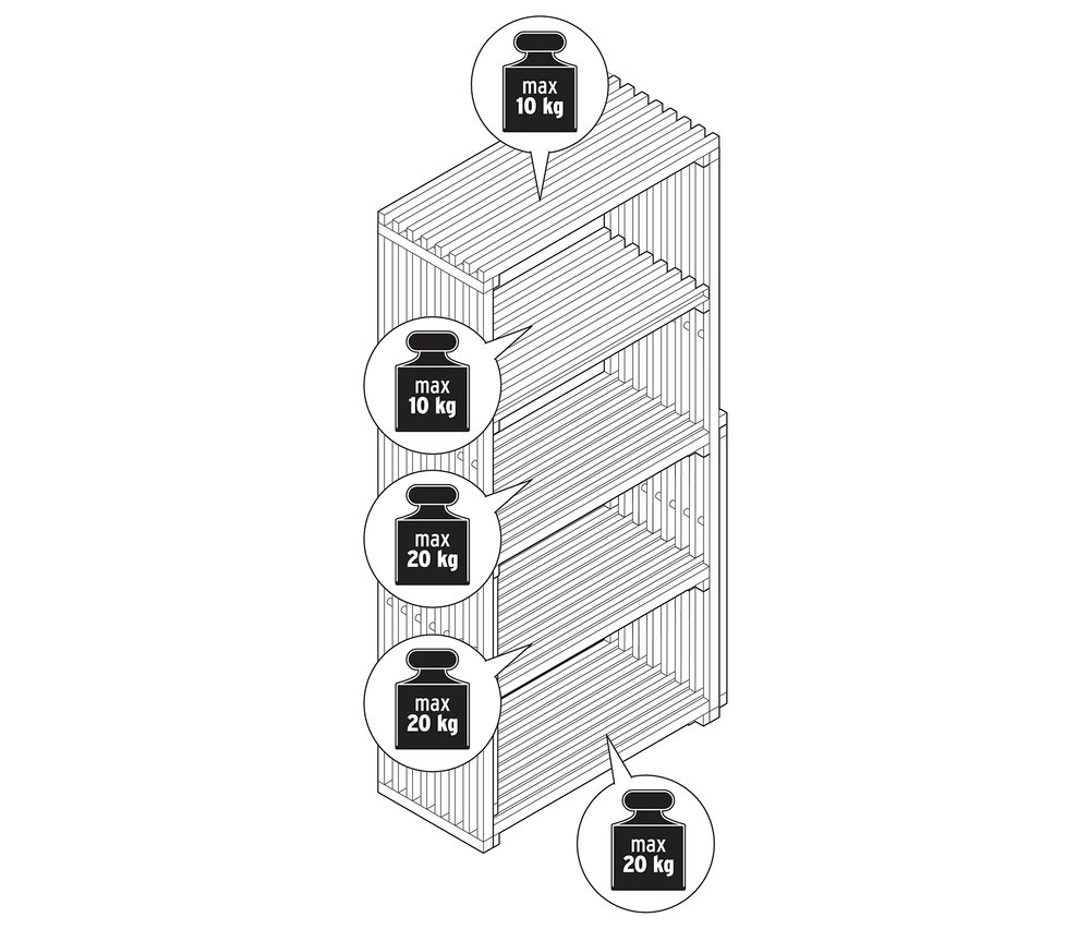 A »FLEKSIBEL« kihúzható polc sematikus rajza a maximális terhelhetőségre vonatkozó utasításokkal.