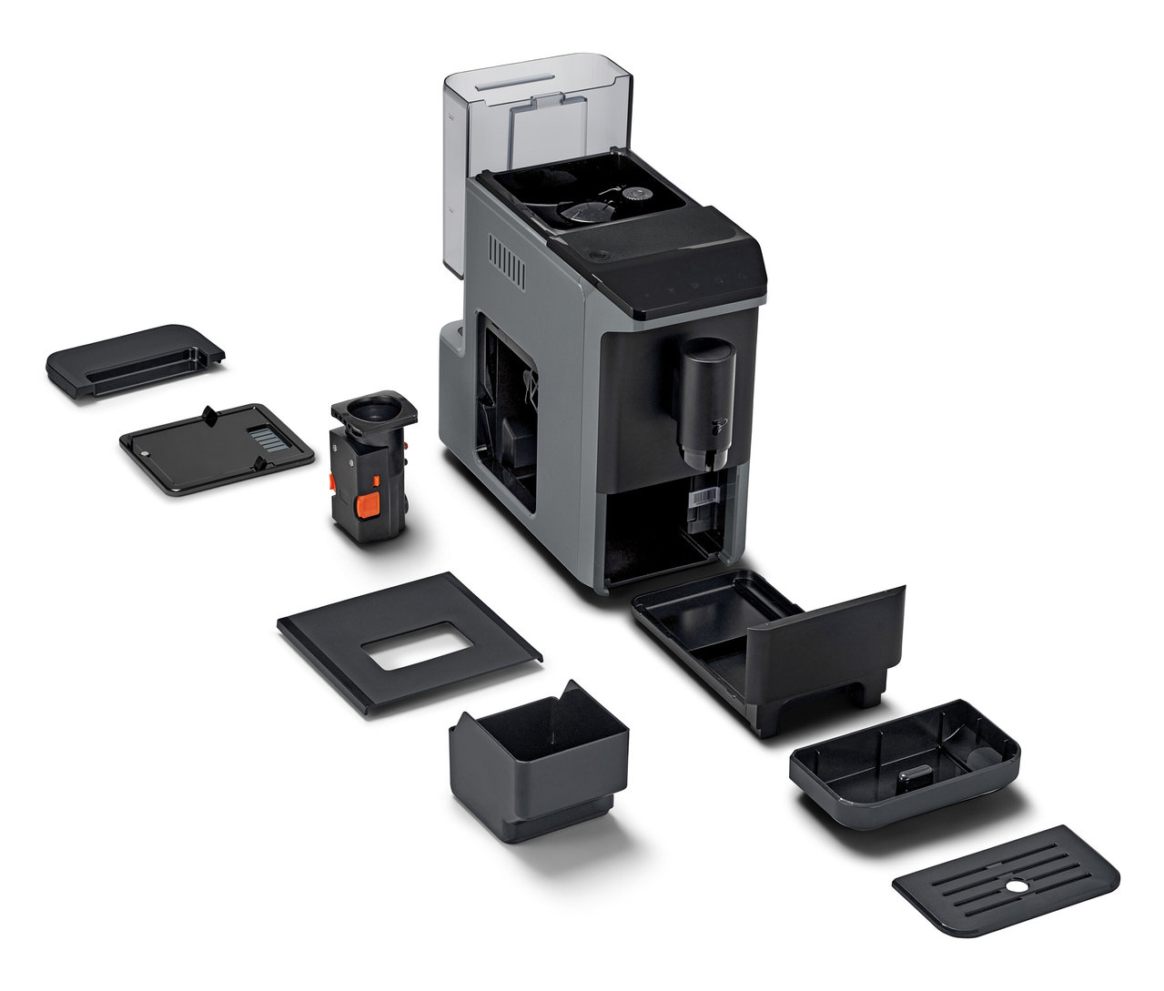 Egy szétszerelt »Esperto mini« és alkatrészei fehér háttéren.