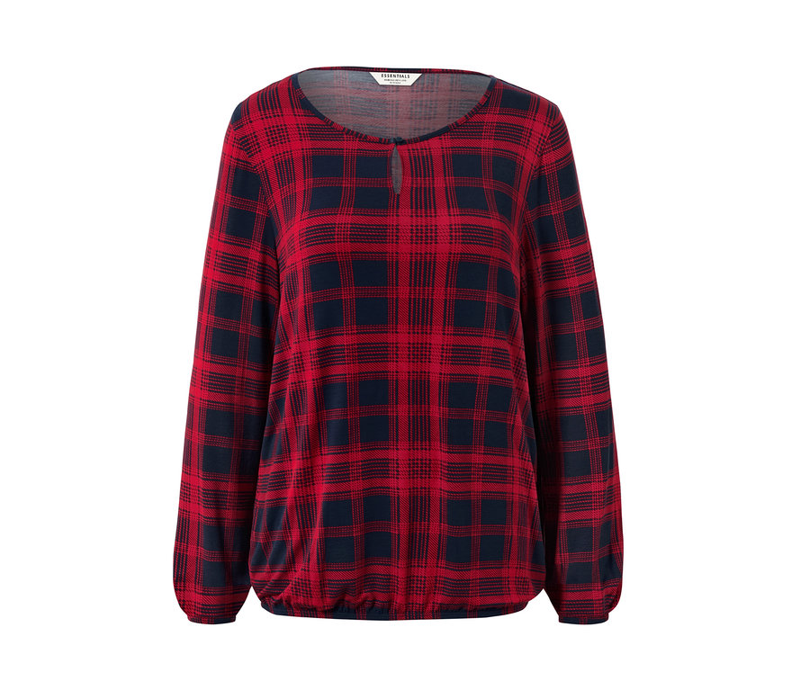 Piros-kék kockás női pólóblúz hosszú ujjakkal.