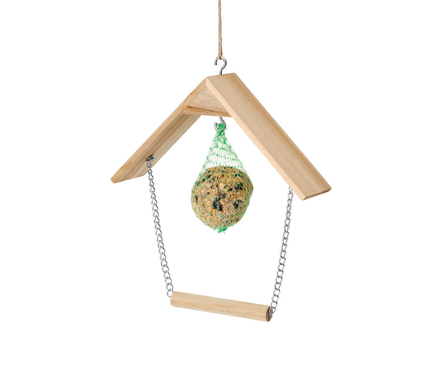 Egy madárhinta egy függő etetővel.