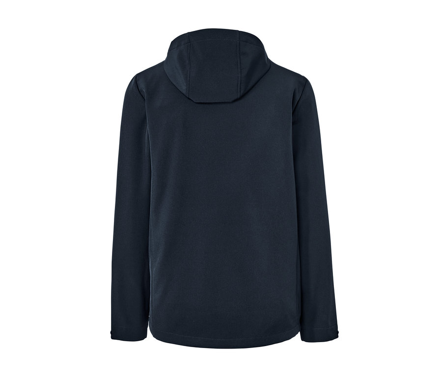 Hátulról látható sötétkék softshell dzseki kapucnival.